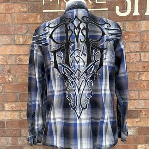ROAR Men's Black and Blue Plaid Shirt with Embroidery Size XL